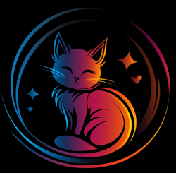 The image shows a stylized illustration of a cat sitting with its eyes closed, appearing content. The cat is depicted in a gradient of vibrant colors, ranging from blue to pink to orange, creating a visually appealing and artistic effect. The background is black, which makes the colorful cat stand out prominently. Surrounding the cat are a few decorative elements, including stars and a heart, adding to the whimsical and charming nature of the image. The overall design is enclosed within a circular frame, enhancing the cohesive and balanced composition.